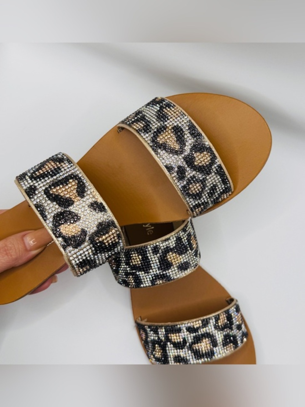 Women’s Leopard Print Shimmer Double-Strap Slide Sandals - Size 9